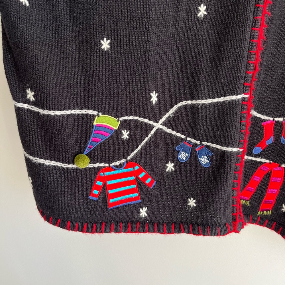 Coldwater Creek Black V-Neck Winter Motif Gloves Hats Mittens Zip Cardigan 3X - Picture 5 of 10